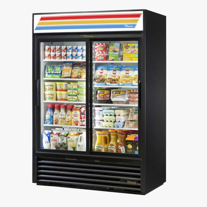Meuble d'exposition réfrigéré noir à portes coulissantes en verre True Refrigeration GDM-47-HC-LD de 54 pouces