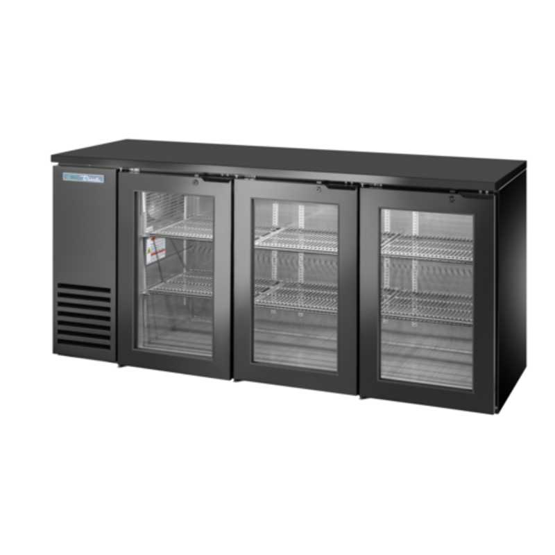True TBB24-72-3G-Z1-BST-B-1 72-1/8" Black 3-Glass Door Back Bar Refrigerator