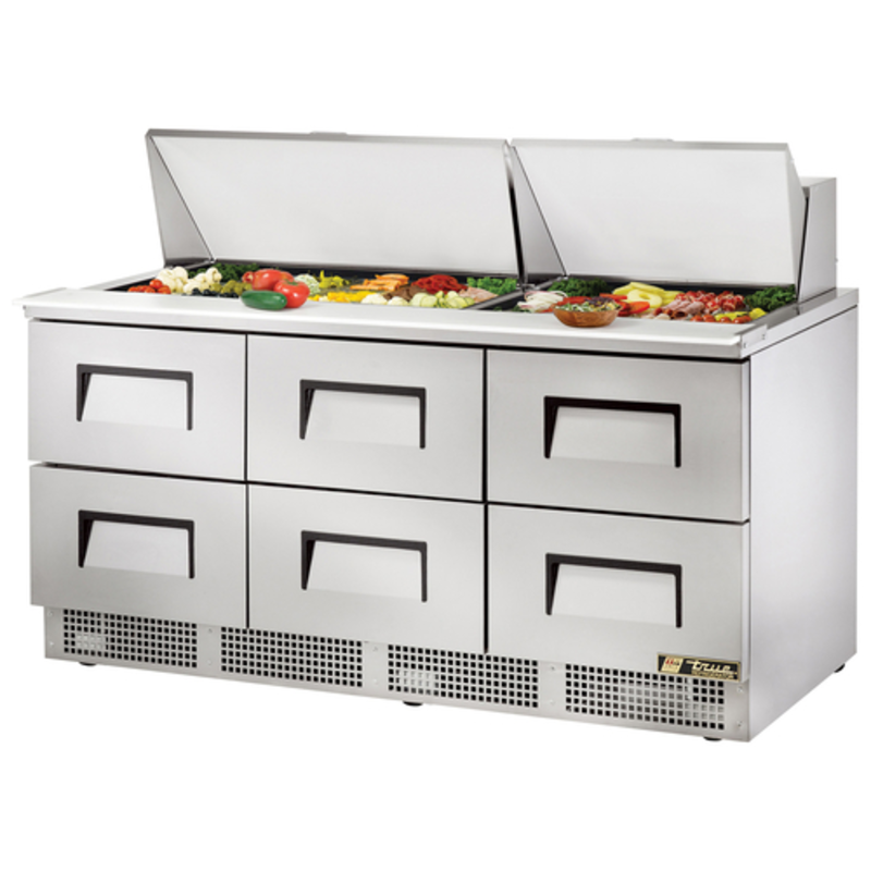 Table de préparation de sandwichs et salades True TFP-72-30M-D-6-HC avec mega top, 72 pouces, six tiroirs