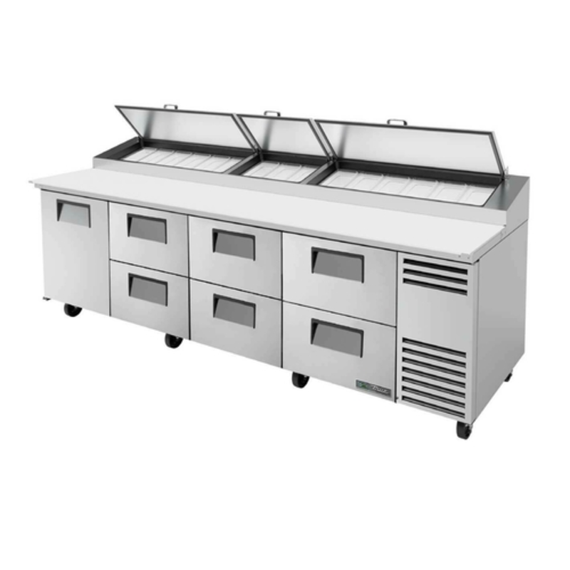 Table de préparation à pizzas True TPP-AT-119D-6-HC de 302 cm, 6 tiroirs, portes pleines