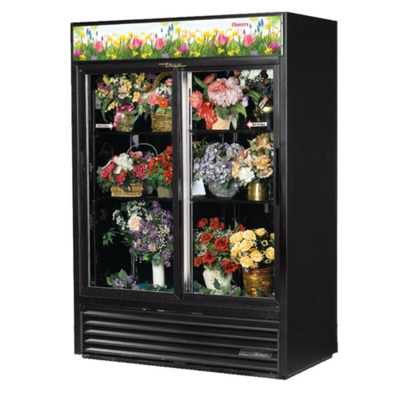 True GDM-47FC-HC-LD 54-Inch Two-Section Sliding Glass Door Floral Refrigerator in Black