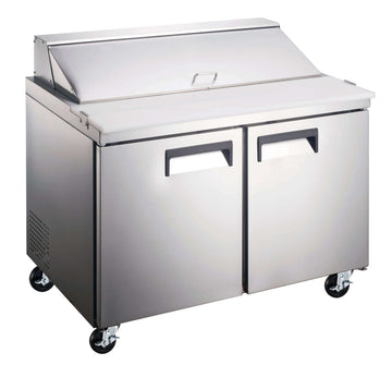 SCL2 Refrigerated Salad/Sandwich Prep Table 47" exhibiting a stainless steel finish with double doors and convenient prep surface.