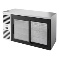 Réfrigérateur de bar arrière True Refrigeration TBR60-RISZ1-L-S-11-1 en acier inoxydable de 60 pouces avec portes coulissantes en verre